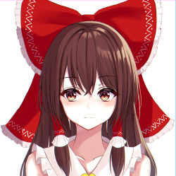 Rule 34 | 1girl, 7saki, bad id, bad pixiv id, bare shoulders, blush, bow, brown eyes, brown hair, closed mouth, collarbone, commentary request, crossed bangs, hair bow, hair tubes, hakurei reimu, highres, long hair, looking to the side, portrait, red bow, simple background, solo, touhou, white background, yellow neckwear