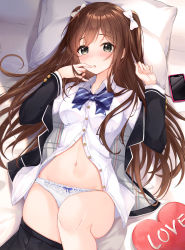 Rule 34 | 1girl, absurdres, bed, black eyes, black jacket, black skirt, blazer, bow, bowtie, breasts, brown hair, buttons, cellphone, collared shirt, hair bow, hands up, highres, jacket, knee up, lebring, long hair, looking at viewer, lying, medium breasts, navel, on back, open clothes, open jacket, original, panties, parted lips, partially unbuttoned, phone, pillow, pleated skirt, school uniform, shirt, skirt, smartphone, solo, stomach, twintails, two side up, underwear, very long hair, white panties, white shirt