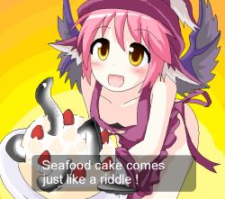Rule 34 | 1girl, animal, apron, bad food, bent over, blush, brown eyes, cake, des (namaasi), downblouse, eel, english text, engrish text, female focus, food, fruit, gradient background, hat, mystia lorelei, naked apron, oekaki, open mouth, parappa the rapper, parody, pink hair, ranguage, short hair, simple background, solo, strawberry, touhou, wings