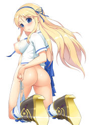 Rule 34 | 10s, 1girl, aoten, ass, blonde hair, blue eyes, blush, boots, bottomless, breasts, buttons, dress shirt, female focus, fingernails, hair between eyes, hair ribbon, head tilt, highres, holding, holding clothes, holding panties, holding underwear, katsuragi (senran kagura), kneehighs, kneeling, large breasts, legs, long hair, long image, looking at viewer, looking back, nipples, no bra, open clothes, open shirt, panties, panties around leg, puffy sleeves, ribbon, senran kagura, shiny skin, shirt, short sleeves, sideboob, simple background, socks, solo, striped clothes, striped panties, striped socks, surprised, tall image, thighs, unbuttoned, uncensored, underwear, undressing, vertical-striped clothes, vertical-striped socks, white background, white shirt, wide-eyed