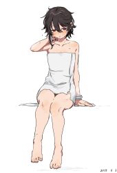 Rule 34 | 1girl, bare shoulders, barefoot, bathing, bracelet, feet, full body, jewelry, momijiyama teru, red eyes, shy (series), solo, towel, white background