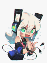 Rule 34 | 1girl, :d, aqua eyes, aqua nails, blush, bound, bound wrists, cable, cable tail, digitan (porforever), electric plug tail, fang, hair between eyes, headphones, highres, long hair, looking at viewer, mechanical tail, open mouth, original, porforever, power symbol, sign, smile, solo, star-shaped pupils, star (symbol), symbol-shaped pupils, tail, warning sign, white hair