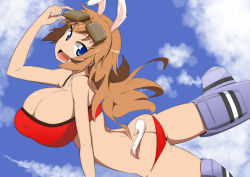 Rule 34 | 1girl, animal ears, ass, bikini, blue eyes, breasts, brown hair, butt crack, charlotte e. yeager, cloud, day, flying, goggles, goggles on head, huge breasts, large breasts, long hair, lowleg, open mouth, rabbit ears, rabbit girl, rabbit tail, skindentation, sky, smile, solo, strike witches, striker unit, swimsuit, tail, thighs, toudori, world witches series