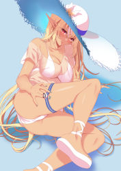 Rule 34 | 1girl, :o, absurdres, ass, bikini, blonde hair, blush, breasts, cleavage, collarbone, dark-skinned female, dark skin, elf, green nails, hat, highres, hololive, large breasts, long hair, looking at viewer, nail polish, pointy ears, red eyes, see-through, shiranui flare, shirt, solo, sun hat, swimsuit, teltelhousi, thigh strap, thighs, toenail polish, toenails, virtual youtuber, white bikini, white hat