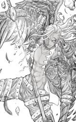 Rule 34 | 1boy, abs, artist request, black wings, bodysuit, fire, highres, holding, holding sword, holding weapon, king (one piece), looking at viewer, monochrome, muscular, muscular male, one piece, pectorals, solo, sword, weapon, wings