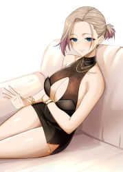 Rule 34 | 1girl, absurdres, azur lane, bare shoulders, black dress, blue eyes, bracelet, breasts, cleavage cutout, clothing cutout, dress, highres, jewelry, lap pillow invitation, large breasts, light brown hair, looking at viewer, medium hair, microdress, new orleans (azur lane), new orleans (evening agricole) (azur lane), official alternate costume, purple hair, second-party source, see-through, simple background, sitting, sleeveless, sleeveless dress, solo, toy bits, white background