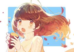 Rule 34 | 1girl, :o, absurdres, amakawa tamawo, autumn, autumn leaves, blonde hair, blush stickers, border, brown eyes, brown hair, fang, fingernails, floating hair, food, highres, holding, holding food, light blue background, long hair, long sleeves, looking ahead, multicolored hair, open mouth, orange hair, original, red hair, roasted sweet potato, simple background, skin fang, solo, sweater, sweet potato, turtleneck, turtleneck sweater, upper body, white border, wind, yellow sweater