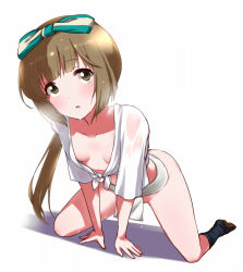 Rule 34 | 1girl, all fours, black legwear, bow, breasts, brown eyes, brown hair, cleavage, collarbone, hair bow, idolmaster, idolmaster cinderella girls, long hair, looking at viewer, no panties, open mouth, ponytail, shirt, simple background, small breasts, solo, striped, striped bow, tango (tn500), tied shirt, wet, wet clothes, wet shirt, white background, yorita yoshino