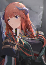 Rule 34 | 1girl, absurdres, arknights, bagpipe (arknights), breasts, chichi guai, closed mouth, dragon horns, highres, horns, id card, jacket, lanyard, long hair, long sleeves, looking away, looking to the side, medium breasts, military, military uniform, orange hair, purple eyes, solo, uniform, upper body