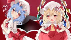 Rule 34 | 2girls, anger vein, angry, ascot, back bow, bat wings, belt, blonde hair, blue hair, blush, bow, closed mouth, collared dress, collared shirt, commentary request, crystal, dress, eyelashes, eyes visible through hair, fingernails, flandre scarlet, frills, gem, hair between eyes, hands on own hips, hands up, hat, hat ribbon, highres, jewelry, looking at another, looking to the side, mob cap, multicolored wings, multiple girls, nail polish, one side up, open mouth, puffy short sleeves, puffy sleeves, red ascot, red background, red belt, red bow, red dress, red eyes, red nails, red ribbon, remilia scarlet, ribbon, shirt, short hair, short sleeves, siblings, sisters, standing, touhou, white dress, white headwear, white shirt, wings, yellow ascot, yumeno ruruka