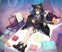 Rule 34 | 1boy, animal hood, animal-shaped pillow, ankle boots, black collar, black footwear, black hair, black jacket, black nails, boots, box, cardboard box, cat hood, collar, confetti, cross-laced footwear, crossed legs, curtains, denim, denim shorts, ear piercing, earrings, full body, fur-trimmed boots, fur trim, gift, gift box, guitar, hair between eyes, hair ornament, hairclip, highres, holding, holding instrument, holostars, hood, hood up, instrument, isal (lasi), jacket, jewelry, kanade izuru, lace-up boots, lightning bolt, lightning bolt hair ornament, lightning bolt symbol, looking at viewer, male focus, music stand, on bed, open clothes, open jacket, padded jacket, paper, piercing, pillow, purple eyes, purple shirt, sheet music, shirt, short hair, shorts, sitting, smile, solo, spiked collar, spikes, thigh strap, two-sided fabric, two-sided jacket, virtual youtuber
