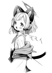 Rule 34 | 1girl, animal ear headphones, animal ears, blue archive, blush, cat ear headphones, collared shirt, fake animal ears, greyscale, halo, headphones, highres, jacket, looking at viewer, mizuno uchi, momoi (blue archive), monochrome, necktie, off shoulder, open mouth, shirt, short hair, solo, tail