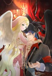 Rule 34 | 1boy, 1girl, alternate costume, black wings, blonde hair, blurry, blurry background, closed mouth, commentary request, earrings, fire emblem, fire emblem: radiant dawn, green eyes, grey eyes, hat, highres, indoors, jewelry, leanne (fire emblem), long hair, naesala1063, naesala (fire emblem), nintendo, pirate hat, pointy ears, smile, white wings, wings
