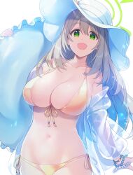 Rule 34 | 1girl, :d, absurdres, bikini, blue archive, bracelet, breasts, brown hair, cleavage, collarbone, commentary request, green eyes, hair between eyes, hair down, halo, hat, highres, holding, holding swim ring, ima (lm ew), innertube, jacket, jewelry, large breasts, long hair, long sleeves, looking at viewer, navel, nonomi (blue archive), nonomi (swimsuit) (blue archive), official alternate costume, official alternate hairstyle, open mouth, see-through, see-through jacket, side-tie bikini bottom, sidelocks, simple background, sleeveless, smile, solo, spaghetti strap, stomach, sun hat, swim ring, swimsuit, white background, yellow bikini