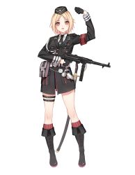 Rule 34 | 1girl, armband, bare legs, belt, black footwear, black gloves, black necktie, blonde hair, blush, boots, brown eyes, cartridge, clenched hands, collared shirt, cross, cross-laced footwear, eyebrows, finger on trigger, full body, garrison cap, german text, girls&#039; frontline, gloves, gun, half gloves, hand up, hat, head tilt, highres, holding, holding gun, holding weapon, holster, iron cross, knee boots, lace-up boots, medal, military, military uniform, mp40 (girls&#039; frontline), mp 40, necktie, nose, official art, open mouth, personification, pouch, schutzstaffel, sheath, shirt, short hair, solo, standing, submachine gun, sword, thigh strap, transparent background, uniform, waffen-ss, weapon, white shirt