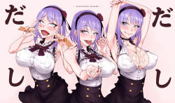 Rule 34 | 10s, 1girl, ahegao, arms up, between breasts, blue eyes, blush, breasts, cleavage, cupping hand, dagashi kashi, double v, fellatio gesture, flower, food, food on clothes, food on face, hair flower, hair ornament, hairband, large breasts, looking at viewer, messy, nail polish, oishinbo, open mouth, popsicle, purple hair, sexually suggestive, shidare hotaru, short hair, shoujo donburi, smile, solo, suggestive fluid, tongue, tongue out, umaibou, v