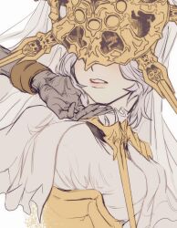 Rule 34 | 2boys, breasts, capelet, crossdressing, dark souls (series), dark souls i, dark souls iii, dark sun gwyndolin, dress, gold headwear, grey capelet, grey dress, grey hair, highres, large breasts, male with breasts, multiple boys, nameless king, parted lips, short hair, solo focus, spiked helmet, teeth, trap, upper body, zunkome
