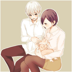 Rule 34 | 1boy, 2girls, :d, baby, bad id, bad pixiv id, blush, breastfeeding, brown pants, brown skirt, collared shirt, commentary request, facial mark, family, father and daughter, feet out of frame, from side, highres, husband and wife, kaneki ichika, kaneki ken, kirishima touka, long sleeves, mother and daughter, multiple girls, open mouth, outline, pants, pantyhose, shirt, short hair, simple background, sitting, skirt, smile, tokyo ghoul, tokyo ghoul:re, toukaairab, white hair, white outline, white shirt