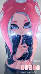 Rule 34 | 1girl, agent 8 (splatoon), arm behind back, asymmetrical clothes, backlighting, bad id, bad twitter id, black shirt, black skirt, blue eyes, blurry, breasts, closed mouth, crop top, depth of field, grey background, hand up, highres, index finger raised, kashu (hizake), latex, leaning forward, long hair, long sleeves, looking at viewer, midriff, monster girl, nail art, nail polish, navel, nintendo, octoling, octoling girl, octoling player character, red hair, romaji text, shiny clothes, shirt, short eyebrows, single bare shoulder, single sleeve, skirt, small breasts, smile, solo, splatoon (series), splatoon 2, splatoon 2: octo expansion, squidbeak splatoon, standing, stomach, suction cups, tentacle hair, translation request, turtleneck, zipper, zipper pull tab