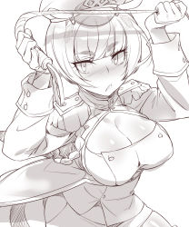 Rule 34 | 10s, 1girl, :&lt;, blunt bangs, blush, bob cut, breasts, character request, cleavage, cleavage cutout, clothing cutout, epaulettes, gloves, greyscale, hat, highres, kantai collection, large breasts, looking at viewer, military, military uniform, monochrome, naso4, peaked cap, pinky out, short hair, solo, uniform, whip