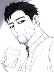 Rule 34 | 1boy, bandaid, bandaid on face, black eyes, black hair, closed mouth, facial hair, scar on face, glass, goatee, golden kamuy, greyscale, hair strand, isa (peien516), long sleeves, looking at viewer, male focus, monochrome, ogata hyakunosuke, scar, scar on cheek, scar on face, shirt, short hair, simple background, sketch, solo, upper body, water, white shirt