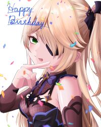 Rule 34 | 1girl, :p, absurdres, bare shoulders, bat ornament, birthday, black ribbon, blonde hair, bow, bowtie, breasts, collar, confetti, eyepatch, fischl (genshin impact), genshin impact, gloves, green eyes, hair over one eye, hair ribbon, happy birthday, highres, leotard, long hair, looking at viewer, medium breasts, paya paya h, purple bow, purple bowtie, purple ribbon, ribbon, simple background, single sleeve, smile, solo, tongue, tongue out, two side up