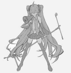 Rule 34 | 1girl, arm at side, bare shoulders, blush, breast pocket, breasts, closed mouth, detached sleeves, expressionless, fingernails, freng, full body, grey background, greyscale, hair between eyes, half-closed eyes, hatsune miku, headset, holding, holding megaphone, holding microphone stand, legs apart, long hair, looking at viewer, megaphone, microphone stand, monochrome, necktie, parted bangs, pleated skirt, pocket, shirt, simple background, skirt, sleeveless, sleeveless shirt, small breasts, solo, standing, thighhighs, twintails, very long hair, vocaloid, zettai ryouiki