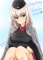 Rule 34 | 1girl, birthday, blue background, blue eyes, blush, breasts, closed mouth, diesel-turbo, girls und panzer, happy birthday, hat, highres, itsumi erika, kuromorimine military uniform, large breasts, looking at viewer, military, military hat, military uniform, silver hair, simple background, smile, solo, uniform