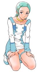 Rule 34 | 00s, 1girl, ankle boots, annkoku daimaou, aqua hair, arm support, blue eyes, blue hair, blush, boots, buttons, clothes lift, dress, dress lift, eureka (eureka seven), eureka seven, eureka seven (series), flat chest, full body, grey eyes, hair ornament, hairclip, hand on thigh, high heels, human highlight film, jewelry, kneeling, light smile, looking at viewer, matching hair/eyes, neck ring, necklace, panties, pantyshot, shoes, short dress, short hair, simple background, smile, solo, thigh strap, tiptoes, underwear, upskirt, white background, white panties