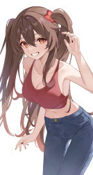 Rule 34 | 1girl, absurdres, alternate breast size, alternate costume, armpits, bare arms, bare shoulders, blue pants, breasts, brown hair, cleavage, cowboy shot, crop top, denim, flower-shaped pupils, genshin impact, grin, hair ornament, hand up, highres, hu tao (genshin impact), leaning forward, long hair, looking at viewer, medium breasts, midriff, navel, okey, pants, red eyes, red shirt, shirt, sleeveless, sleeveless shirt, smile, solo, stomach, symbol-shaped pupils, twintails, very long hair