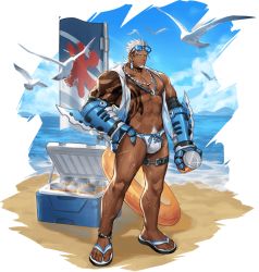 Rule 34 | 1boy, abs, anklet, artist request, bara, beach, biceps, bidziil (gyee), bird, bulge, buzz cut, can, cloud, cloudy sky, collar, cooler, day, drink can, ear piercing, earrings, facial hair, flag, gauntlets, glasses, gyee, hand on own hip, innertube, jacket, jewelry, large pectorals, male swimwear, manly, muscular, muscular male, navel, navel hair, necklace, no pants, ocean, open clothes, open jacket, pectorals, piercing, ring, sand, sandals, scar, scar on chest, scar on face, scar on leg, scar on stomach, seagull, short hair, sky, soda can, stubble, stud earrings, swim briefs, swim ring, swimsuit, tattoo, thick arms, thick eyebrows, thick thighs, thighs, topless, topless male, transparent background, very short hair, weapon, wet, white hair, white male swimwear, white swim briefs