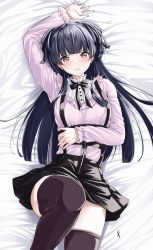Rule 34 | 1girl, absurdres, arm up, bed sheet, black hair, black skirt, black thighhighs, blunt bangs, blunt ends, blush, collar, commentary, endo yohane, expressionless, frilled collar, frilled sleeves, frills, highres, idolmaster, idolmaster shiny colors, knee up, long sleeves, looking at viewer, lying, mayuzumi fuyuko, neck ribbon, on back, pink shirt, ribbon, shirt, skindentation, skirt, solo, suspender skirt, suspenders, thighhighs, two side up, v-shaped eyebrows