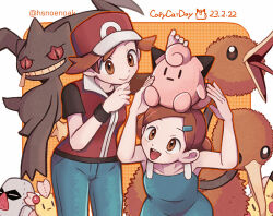 Rule 34 | 2girls, :d, banette, bare arms, brown eyes, brown hair, character doll, cherrim, cherrim (sunshine), closed mouth, commentary request, creatures (company), dated, doduo, dress, game freak, gen 1 pokemon, gen 3 pokemon, gen 4 pokemon, hair ornament, hairclip, hat, hsngamess, jacket, multiple girls, nintendo, nosepass, open mouth, pants, pikachu, pokemon, pokemon frlg, red (pokemon), red headwear, red jacket, shirt, short sleeves, sleeveless, sleeveless jacket, smile, t-shirt, teeth, time paradox, tongue, twins (pokemon), twitter username, upper teeth only, watermark, wristband