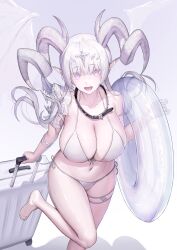 Rule 34 | 1girl, absurdres, armor, bare legs, bare shoulders, barefoot, belt, belt collar, bikini, breasts, cleavage, collar, collarbone, curled horns, dragon girl, dragon horns, dragon wings, floating hair, front-tie bikini top, front-tie top, halterneck, highres, horns, huge breasts, innertube, leg up, long hair, looking at viewer, mole, mole on breast, navel, open mouth, original, pauldrons, pointy ears, purple eyes, rolling suitcase, scales, shoulder armor, side-tie bikini bottom, sideboob, single pauldron, skindentation, smile, solo, stomach, string bikini, suitcase, swim ring, swimsuit, thigh strap, thighs, twintails, white bikini, white hair, wings, yjs0803123