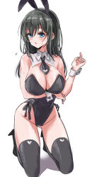 Rule 34 | 1girl, absurdres, animal ears, black footwear, black hair, black hairband, black leotard, black neckwear, black thighhighs, blue eyes, blush, boots, breasts, cleavage, collar, detached collar, fake animal ears, flying sweatdrops, groin, hair between eyes, hairband, hand up, heart, high heel boots, high heels, highres, idolmaster, idolmaster cinderella girls, kneeling, large breasts, leotard, long hair, parted lips, pizzasi, playboy bunny, rabbit ears, sagisawa fumika, shadow, solo, strapless, strapless leotard, sweat, thigh boots, thighhighs, white background, white collar, wing collar, wrist cuffs