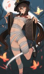 Rule 34 | 1girl, :q, absurdres, bandaged leg, bandages, bandeau, bare shoulders, black footwear, black hair, black headwear, black nails, boo tao (genshin impact), chest sarashi, commentary, detached sleeves, foot out of frame, genshin impact, highres, hu tao (genshin impact), long hair, long sleeves, looking at viewer, mummy costume, nail polish, navel, night, night sky, outdoors, qweeliart, red eyes, sarashi, shoes, sky, solo, standing, standing on one leg, stomach, thighs, tongue, tongue out, very long hair