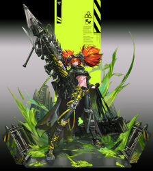 Rule 34 | 1girl, absurdres, asymmetrical legwear, breasts, chromatic aberration, cloak, commentary, english commentary, full body, gloves, goggles, goggles on head, gostone, grin, half gloves, highres, holding, holding weapon, medium breasts, orange hair, original, pants, scar, sharp teeth, smile, solo, standing, teeth, torn cloak, torn clothes, twintails, underboob, uneven eyes, weapon, yellow eyes