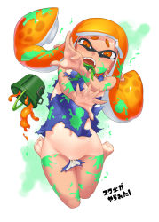 Rule 34 | 1girl, barefoot, blush, bucket, fangs, highres, inkling, inkling girl, inkling player character, kabeu mariko, long hair, matching hair/eyes, navel, nintendo, open mouth, orange eyes, orange hair, outstretched arms, paint splatter, pointy ears, school swimsuit, solo, splatoon (series), splatoon 1, swimsuit, tan, tanline, tears, tentacle hair, torn clothes, watch, wristwatch