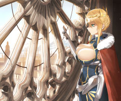 Rule 34 | 1girl, artoria pendragon (fate), artoria pendragon (lancer) (fate), black dress, blonde hair, braid, braided bun, breasts, building, cape, cityscape, cleavage, closed mouth, cloud, cloudy sky, commentary request, day, dress, fate/grand order, fate (series), fur-trimmed cape, fur trim, gauntlets, green eyes, hair between eyes, hair bun, hand up, indoors, large breasts, long hair, looking away, red cape, sidelocks, sky, solo, standing, throtem, window