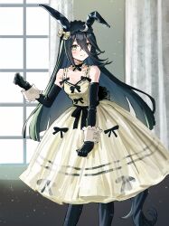 Rule 34 | 1girl, absurdres, ahoge, alternate costume, animal ears, bad id, bad twitter id, bare shoulders, black bow, black gloves, black hair, black pantyhose, blonde hair, blush, bow, choker, closed mouth, curtains, dress, dress bow, ear covers, elbow gloves, feet out of frame, frilled hairband, frills, gloves, hair between eyes, hairband, highres, horse ears, horse girl, horse tail, indoors, long hair, looking at viewer, manhattan cafe (umamusume), nayuta ggg, pantyhose, sleeveless, sleeveless dress, smile, solo, standing, tail, umamusume, window, wrist cuffs, yellow eyes