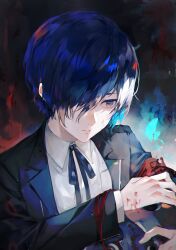 Rule 34 | 1boy, absurdres, armband, black jacket, black ribbon, blood, blood on clothes, blood on face, blue butterfly, blue eyes, blue hair, bug, butterfly, collared shirt, commentary request, gekkoukan high school uniform, hair over one eye, highres, insect, jacket, long sleeves, lor (roasyerizyonirapi), male focus, neck ribbon, one eye covered, open clothes, open jacket, persona, persona 3, red armband, ribbon, s.e.e.s, school uniform, shirt, short hair, solo, white shirt, yuuki makoto (persona 3)