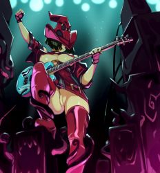 Rule 34 | 1girl, amplifier, arc system works, black hair, boots, breasts, cleft of venus, concert, electric guitar, fingerless gloves, from below, gloves, guilty gear, guilty gear xx, guitar, hat, holding, holding instrument, i-no, instrument, knee up, large breasts, nipple slip, nipples, no bra, no panties, optionaltypo, pussy, red hat, red thighhighs, solo, thigh boots, thighhighs, uncensored, upskirt, zettai ryouiki
