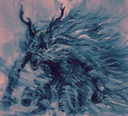 Rule 34 | antlers, bloodborne, blue theme, cape, facing viewer, furry, furry male, grin, highres, holding, horns, monster, shimhaq, signature, smile, vicar amelia, werewolf
