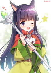 Rule 34 | 1girl, ;d, animal ear fluff, animal ears, ascot, belt, belt buckle, blunt bangs, blush, brown belt, buckle, capelet, dress, green dress, holding, holding staff, kasumi (princess connect!), long hair, long sleeves, looking at viewer, mauve, one eye closed, open mouth, princess connect!, purple eyes, purple hair, red capelet, round teeth, smile, solo, sparkle, staff, star (symbol), teeth, twitter username, upper teeth only, very long hair, white ascot, white background, wide sleeves