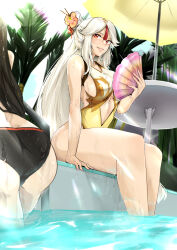 Rule 34 | 2girls, absurdres, arm support, ass, bare arms, bare legs, bare shoulders, beidou (genshin impact), breasts, clothing cutout, commentary request, folding fan, genshin impact, grin, hair ornament, hair stick, hand fan, highres, holding, holding fan, large breasts, long hair, looking at viewer, multiple girls, ningguang (genshin impact), one-piece swimsuit, pool, red eyes, sitting, smile, soaking feet, stomach cutout, swimsuit, thighs, umbrella, very long hair, vialnite, water, white hair, yellow umbrella