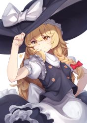 Rule 34 | 1girl, absurdres, apron, arm up, back bow, bad id, bad pixiv id, black hat, black skirt, black vest, blonde hair, blush, bow, braid, brown eyes, buttons, closed mouth, commentary, frills, grey apron, grey bow, hair between eyes, hair bow, hand on headwear, hand on own hip, hand up, hat, hat bow, highres, kirisame marisa, long hair, looking at viewer, mung (larnec), puffy short sleeves, puffy sleeves, red bow, short sleeves, simple background, single braid, skirt, smile, solo, standing, star (symbol), symbol-only commentary, touhou, vest, white background, white bow, witch hat