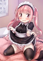 Rule 34 | 1girl, apple print, black dress, black thighhighs, blush, breasts, clothes lift, collared dress, commentary request, demon girl, demon tail, dress, dress lift, frilled dress, frills, highres, indoors, lifting own clothes, long hair, maid, maid headdress, mochiyuki, on bed, original, panties, parted lips, pillow, pink hair, pointy ears, print panties, puffy short sleeves, puffy sleeves, red eyes, short sleeves, sidelocks, sitting, small breasts, solo, tail, tears, thighhighs, twintails, underwear, very long hair, wariza, wavy mouth, white panties, wrist cuffs