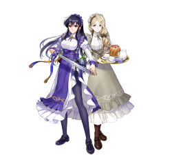 Rule 34 | 2girls, absurdres, apron, asatani tomoyo, ayra (fire emblem), ayra (tea party) (fire emblem), belt, belt pouch, black hair, blonde hair, bottle, breasts, bucket, cake, closed mouth, commentary request, cup, dress, earrings, fingernails, fire emblem, fire emblem: genealogy of the holy war, fire emblem: three houses, fire emblem heroes, flower, food, frills, full body, glass bottle, highres, holding, holding tray, holding weapon, jewelry, long skirt, long sleeves, looking at viewer, maid, maid headdress, medium breasts, mercedes von martritz, mercedes von martritz (tea party), multiple girls, nintendo, official art, pantyhose, pouch, puffy sleeves, purple eyes, serious, shoes, side slit, skirt, smile, standing, teacup, teapot, tray, weapon, white background, wrist cuffs