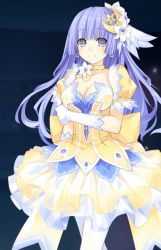 Rule 34 | 10s, 1girl, blue eyes, blue hair, breasts, cleavage, crescent, crescent hair ornament, date a live, dress, earrings, gloves, hair ornament, highres, izayoi miku, jewelry, layered dress, long hair, matching hair/eyes, pantyhose, puffy short sleeves, puffy sleeves, short sleeves, skirt, smile, solo, standing, white gloves, yellow dress