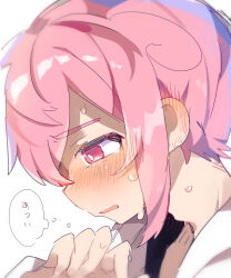 Rule 34 | 1boy, absurdres, adam&#039;s apple, blush, close-up, commentary request, ear blush, facing to the side, hand up, highres, hood, hoodie, looking down, male focus, original, parted lips, pink eyes, pink hair, raito-kun (uenomigi), short hair, short hair with long locks, sidelocks, simple background, solo, sweat, tagme, thought bubble, uenomigi, upper body, white background, white hoodie